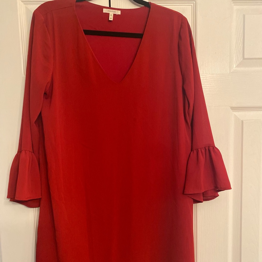 Maurices red knee length dress. V-neck and bell sleeves. Size Medium.